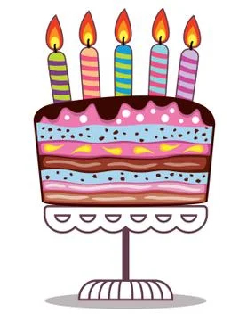 Vector birthday cake on a stand with burning candles Stock Illustration