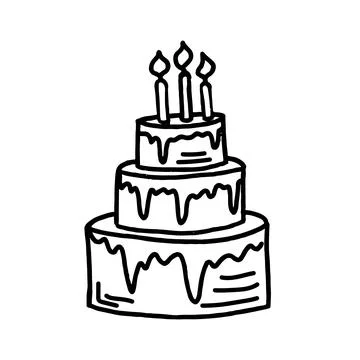 Vector birthday or wedding cake in hand drawn doodle style. Cartoon cake with Stock Illustration