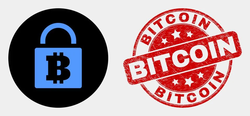 Vector Bitcoin Lock Icon and Scratched Bitcoin Stamp Seal 스톡 일러스트
