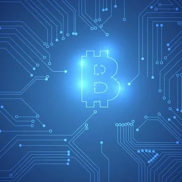 Vector : Bitcoin logo with electronic circuit on blue background Stock Illustration