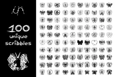 Vector black 100 SCRIBBLES objects set 스톡 일러스트
