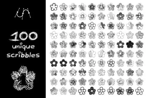 Vector black 100 SCRIBBLES objects set Stock Illustration