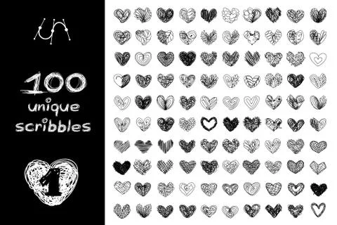 Vector black 100 SCRIBBLES objects set Illustrazione stock