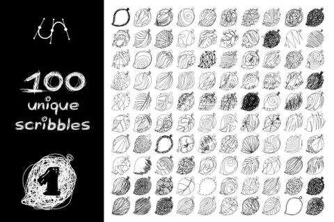 Vector black 100 SCRIBBLES objects set Illustrazione stock