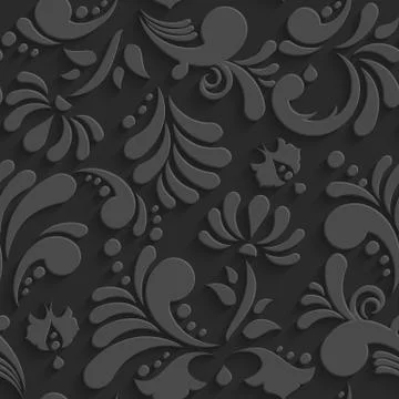 Vector Black 3d Floral Seamless Pattern Stock Illustration