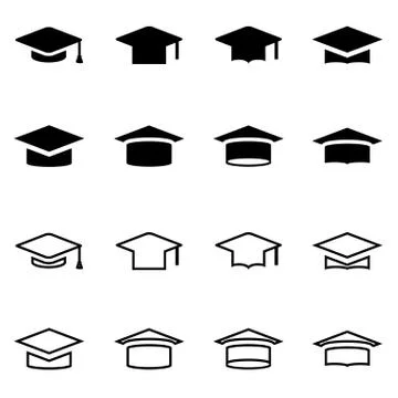 Vector black academic cap icon set Stock Illustration