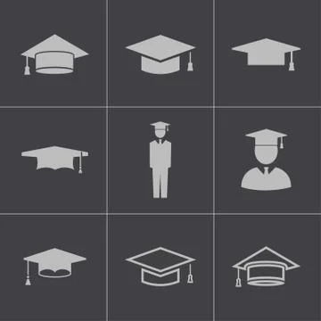 Vector black academic cap icons set Stock Illustration