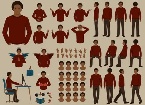 Vector black african man character casual poses set in flat style. Full length Stock Illustration