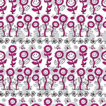Vector black and white and magenta monochrome cartoon sunflowers repeat patte Stock Illustration
