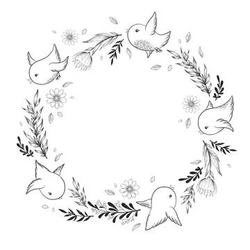 Vector black and white card with round frame from hand drawn branches, leaves Illustrazione stock