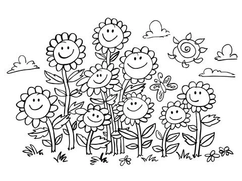 Vector black and white cartoon sunflowers illustration. Suitable for greeting Stock Illustration