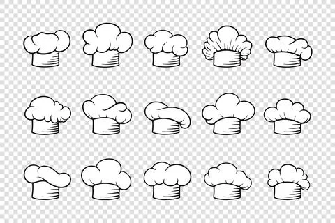 Vector Black and White Chef Hat with Outline, Toque Icon Set Isolated. Cook Stock Illustration
