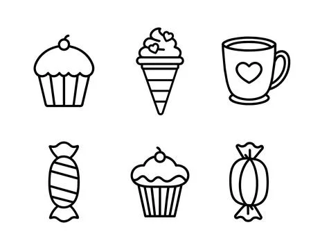 Vector black and white collection. Set of linear icons of desserts. Stock Illustration