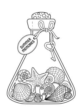 Vector black and white Coloring book page for adult. Set of seashell in a gla Stock Illustration