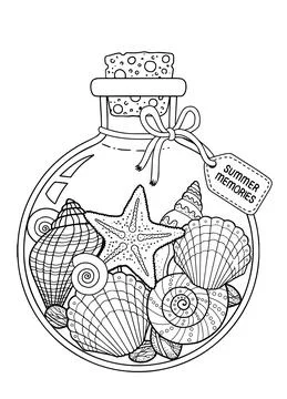 Vector black and white Coloring book page for adult. Set of seashell in a gla Stock Illustration