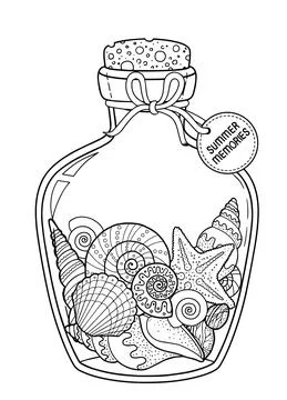 Vector black and white Coloring book page for adult. Set of seashell in a gla Stock Illustration