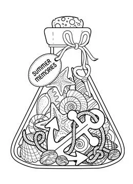 Vector black and white Coloring book page for adult. Set of seashell in a gla Stock Illustration