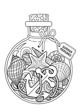 Vector black and white Coloring book page for adult. Set of seashell in a gla Stock Illustration