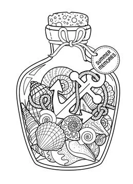 Vector black and white Coloring book page for adult. Set of seashell in a gla Stock Illustration