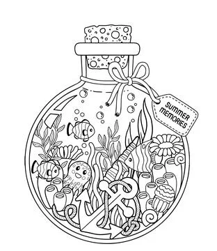 Vector black and white Coloring book page for adult. Underwater life in a glass Stock Illustration