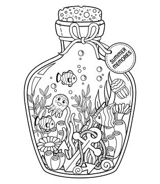 Vector black and white Coloring book page for adult. Underwater life in a glass Stock Illustration