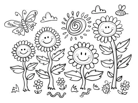 Vector black and white coloring sheet with smiley face flower illustration with Stock Illustration