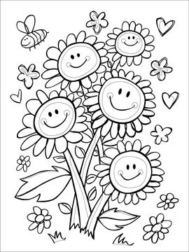 Vector black and white coloring sheet with hand drawn smiley face flower bouquet Stock Illustration