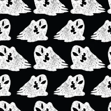 Vector black and white cute sketch of rows of cartoon ghosts seamless pattern Stock Illustration