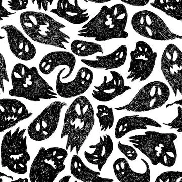 Vector black and white cute sketch of cartoon ghosts seamless pattern. Backgr Stock Illustration