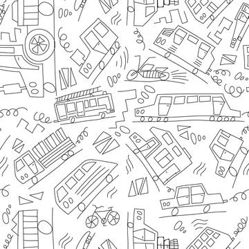 Vector black and white doodle monoline cars. Seamless baby boy pattern monoline Stock Illustration