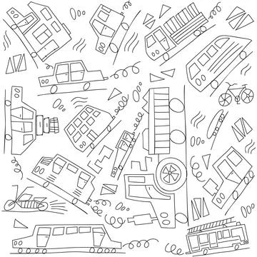 Vector black and white doodle monoline cars. Seamless baby boy pattern monoline Stock Illustration