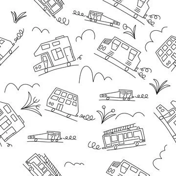 Vector black and white doodle monoline cars. Seamless baby boy pattern monoline Stock Illustration