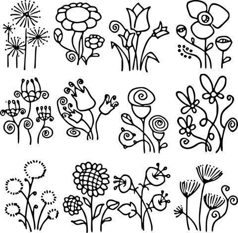 Vector black and white flowers set Stock Illustration
