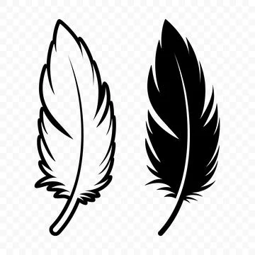 Vector Black and White Fluffy Feather Icon Set. Silhouette Feather Closeup Stock Illustration