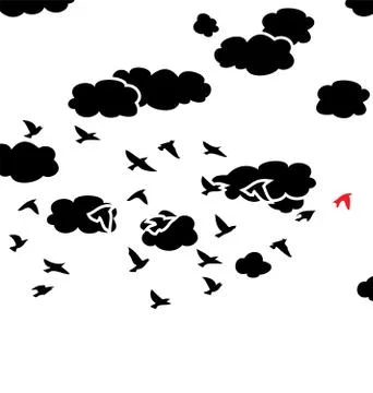 Vector black and white  flying birds and clouds in the sky Stock Illustration