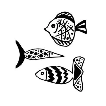Vector black and white hand drawn contour set with different fish in the Stock Illustration
