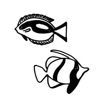 Vector black and white hand drawn contour set with different fish in the Stock Illustration