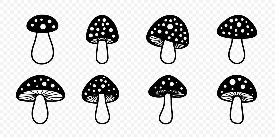Vector Black and White Hand Drawn Cartoon Mushrooms. Amanita Muscaria, Fly Illustrazione stock