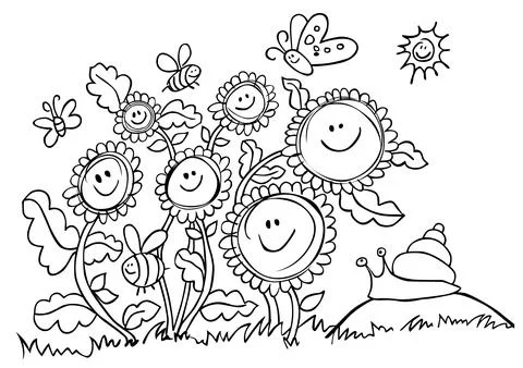 Vector black and white happy cartoon sunflowers and snail illustration. Suita Stock Illustration