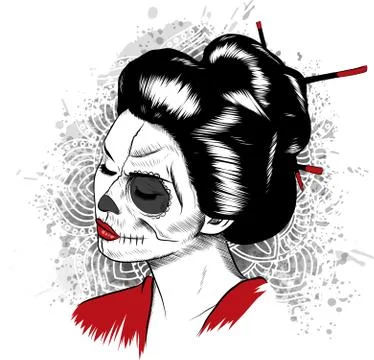 Vector black and white image of Japanese geisha skull woman with painted face Stock Illustration