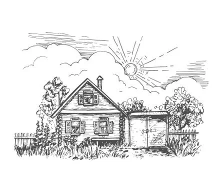 Vector black and white image of a rustic log cabin with a garden and a gate Stock Illustration