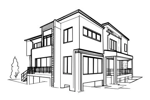 Vector black and white ink sketch of modern house. Engraving style illustration. Stock Illustration
