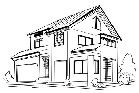 Vector black and white ink sketch of vintage wooden house. Engraving style Stock Illustration