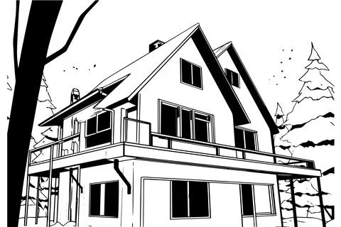 Vector black and white ink sketch of vintage wooden house. Engraving style Illustrazione stock