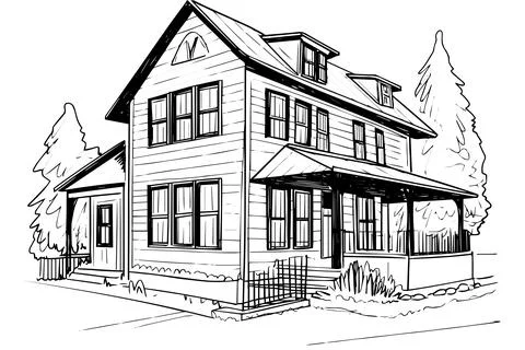 Vector black and white ink sketch of vintage wooden house. Engraving style Stock Illustration