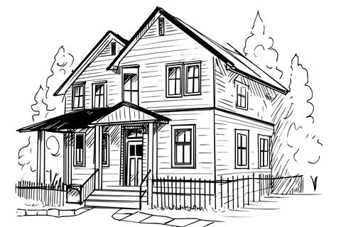 Vector black and white ink sketch of vintage wooden house. Engraving style Stock Illustration