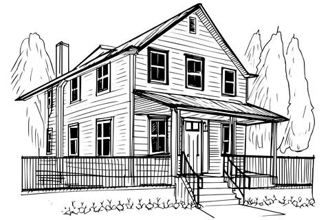 Vector black and white ink sketch of vintage wooden house. Engraving style Stock Illustration