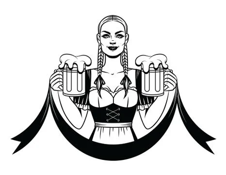 Vector black and white line art illustration of a pretty waitress with a mug  Stock Illustration