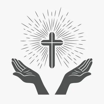Vector Black and White Open Hands with Cross. Symbol of Faith and Prayer. Design Stock Illustration