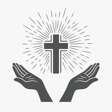 Vector Black and White Open Hands with Cross and Rays. Symbol of Faith and 스톡 일러스트